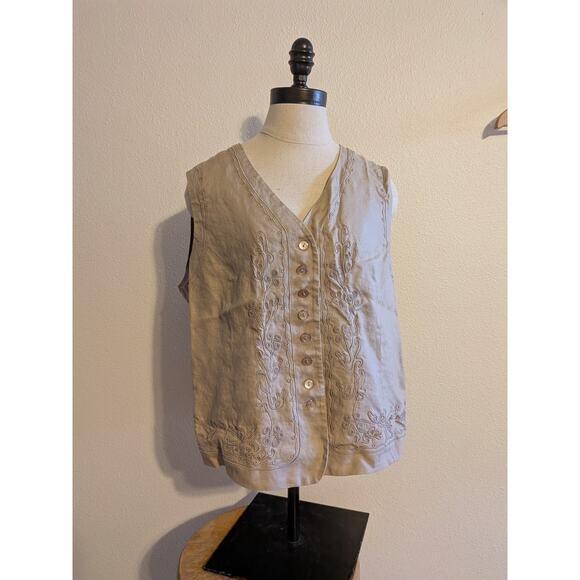 Stephanie Andrews cream embroidered button down linen vest size XL - Picture 1 of 6